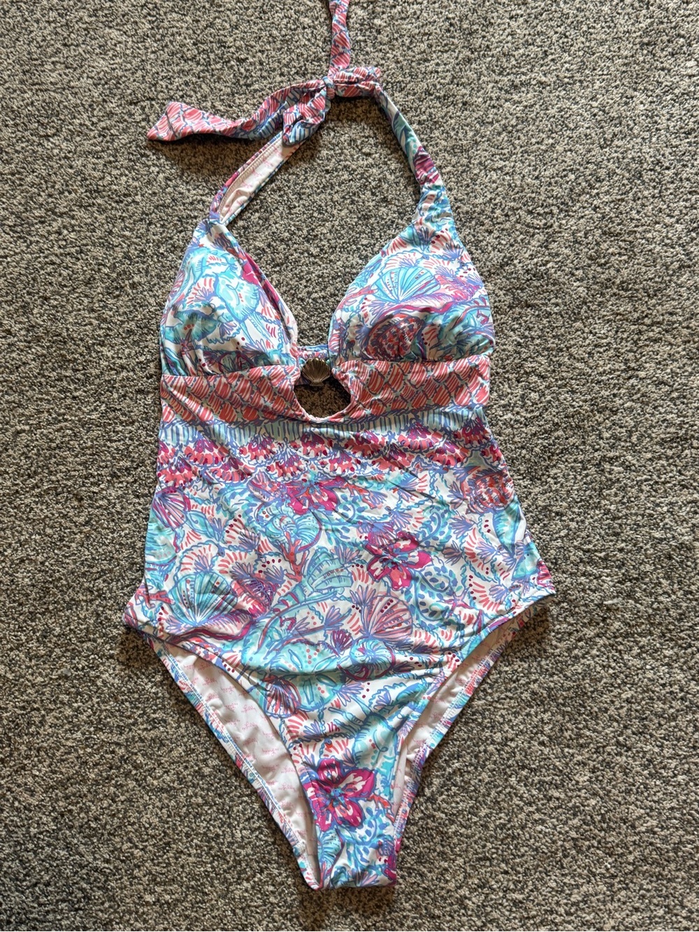 Lilly Pulitzer Pink & Aqua Floral Halter One-Piece Swimsuit